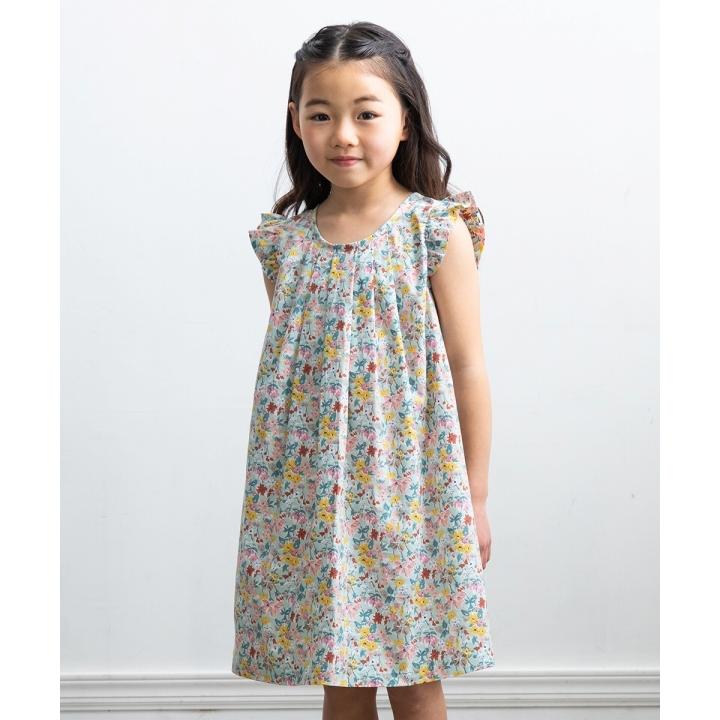 子供服 女の子 ワンピース ジャンパースカート ノースリーブ お出かけ 綿100% 花柄 肩 フリル Aライン グリーン パープル むーのんのん moononnon 5226721 MOONONNON 通販 女の子用 ワンピース グリーン ジャンパースカート