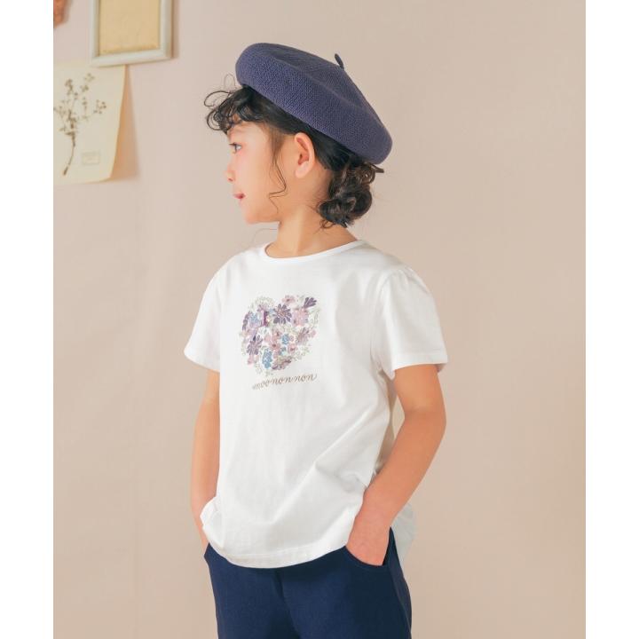 送料無料 子供服 女の子 Tシャツ 春夏 半袖 キッズ ベビー 綿100％ コットン 花 ハート リボン ロゴ プリント グリーン オフホワイト むーのんのん moononnon｜moononnon｜05