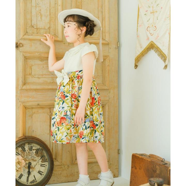 むーのんのん 子供服 女の子 ワンピース ジャンパースカート 夏服 半袖 日本製 セミフォーマル 発表会 結婚式 お出かけ フリル 花柄 リボン チュール MOONONNONの画像