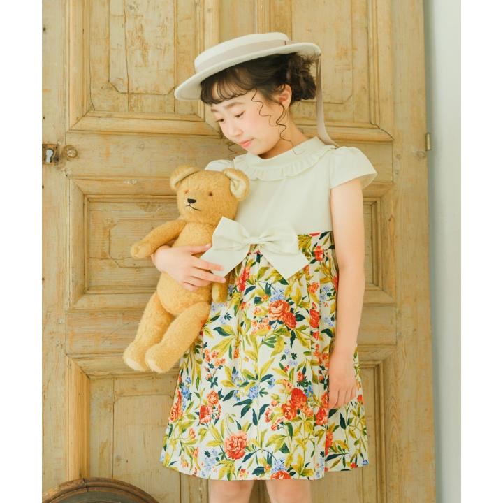 むーのんのん 子供服 女の子 ワンピース ジャンパースカート 夏服 半袖 日本製 セミフォーマル 発表会 結婚式 お出かけ フリル 花柄 リボン チュール MOONONNONの画像