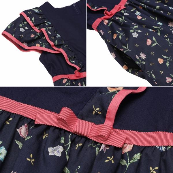 むーのんのん 子供服 女の子 ワンピース ジャンパースカート 日本製 夏服 小学生 セミフォーマル リバティプリント使用 花柄 セレモニー ネイビー moononnonの画像