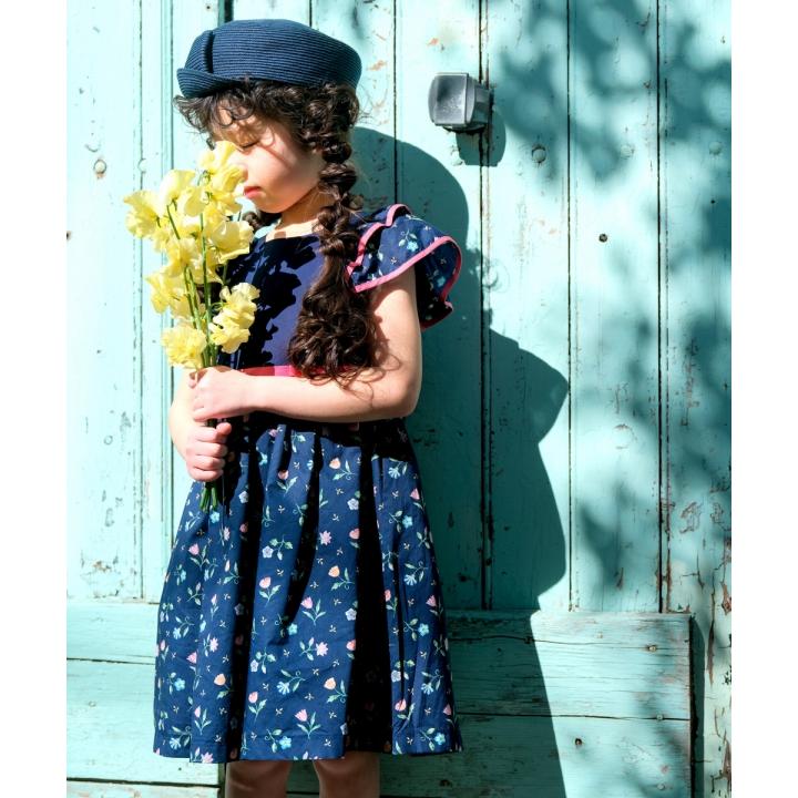 むーのんのん 子供服 女の子 ワンピース ジャンパースカート 日本製 夏服 小学生 セミフォーマル リバティプリント使用 花柄 セレモニー ネイビー moononnonの画像