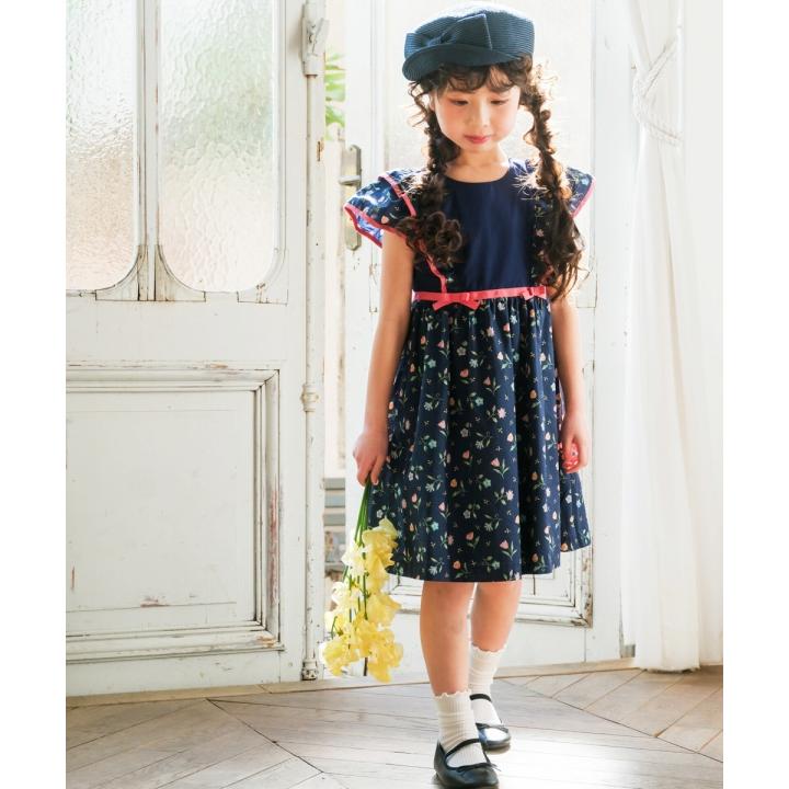 むーのんのん 子供服 女の子 ワンピース ジャンパースカート 日本製 夏服 小学生 セミフォーマル リバティプリント使用 花柄 セレモニー ネイビー moononnonの画像