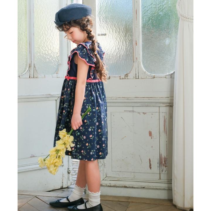むーのんのん 子供服 女の子 ワンピース ジャンパースカート 日本製 夏服 小学生 セミフォーマル リバティプリント使用 花柄 セレモニー ネイビー moononnonの画像