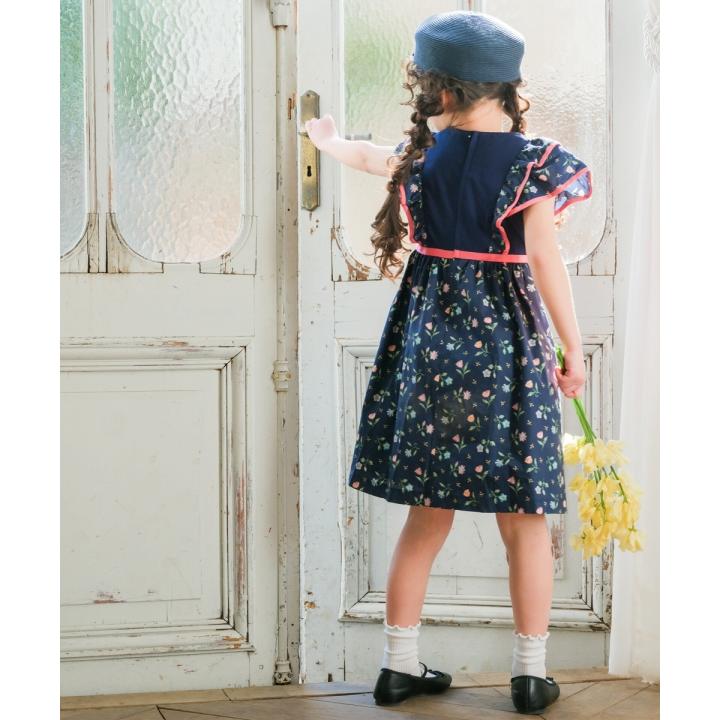 むーのんのん 子供服 女の子 ワンピース ジャンパースカート 日本製 夏服 小学生 セミフォーマル リバティプリント使用 花柄 セレモニー ネイビー moononnonの画像