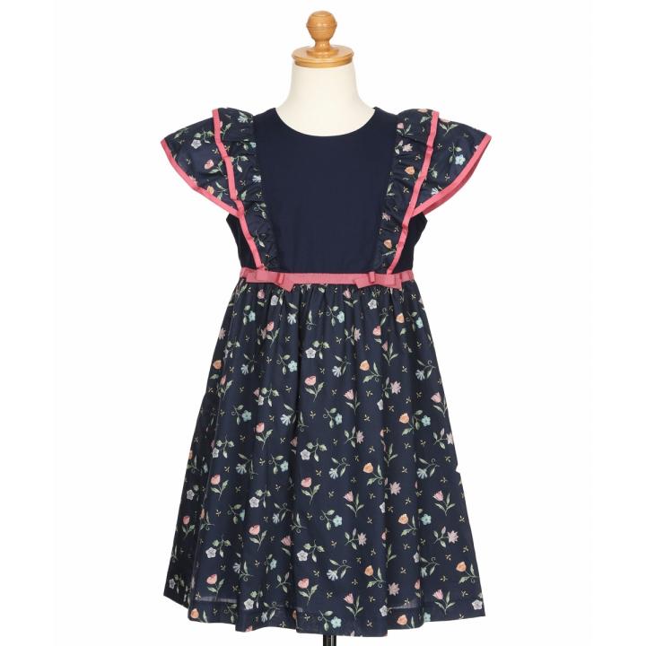 むーのんのん 子供服 女の子 ワンピース ジャンパースカート 日本製 夏服 小学生 セミフォーマル リバティプリント使用 花柄 セレモニー ネイビー moononnonの画像