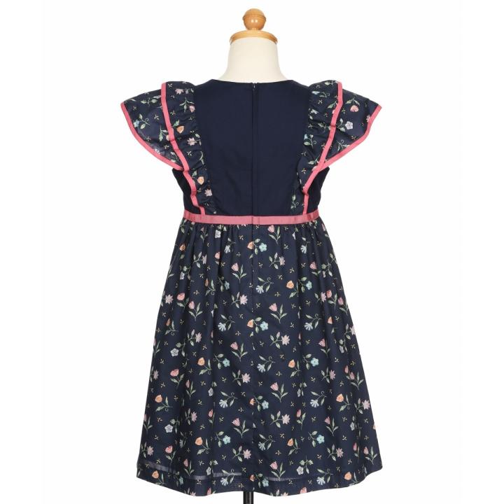 むーのんのん 子供服 女の子 ワンピース ジャンパースカート 日本製 夏服 小学生 セミフォーマル リバティプリント使用 花柄 セレモニー ネイビー moononnonの画像