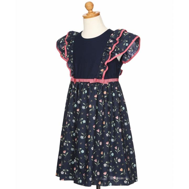むーのんのん 子供服 女の子 ワンピース ジャンパースカート 日本製 夏服 小学生 セミフォーマル リバティプリント使用 花柄 セレモニー ネイビー moononnonの画像