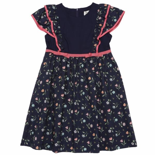 むーのんのん 子供服 女の子 ワンピース ジャンパースカート 日本製 夏服 小学生 セミフォーマル リバティプリント使用 花柄 セレモニー ネイビー moononnonの画像