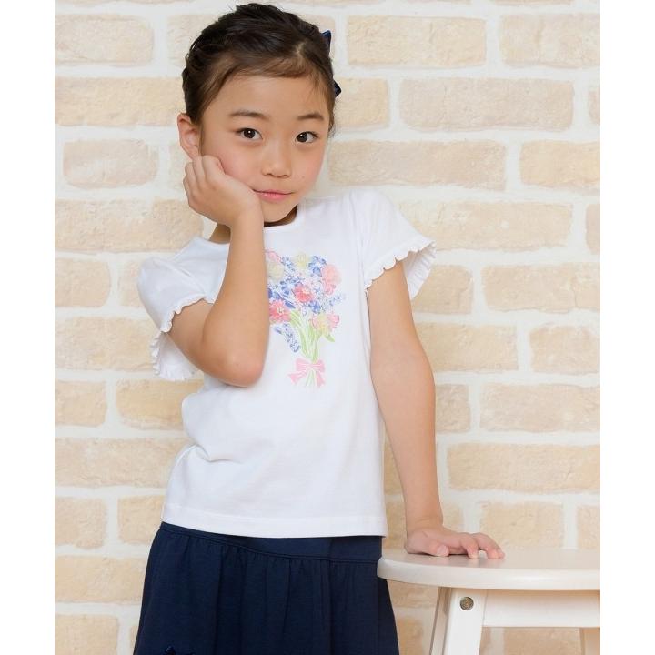 アウトレットセール 子供服 女の子 Tシャツ 半袖 普段着　通学着　綿100％　お花モチーフ＆プリントフリル袖 オフホワイト ブルー むーのんのん MOONONNON｜moononnon｜23