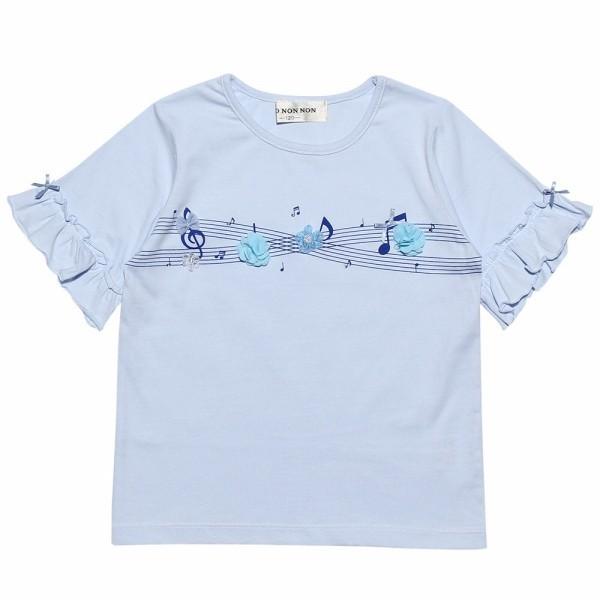 子供服 女の子 Tシャツ 半袖 普段着　通学着　綿100％音符プリントお花モチーフ＆リボンつきフリル袖 オフホワイト ブルー むーのんのん MOONONNON｜moononnon｜08