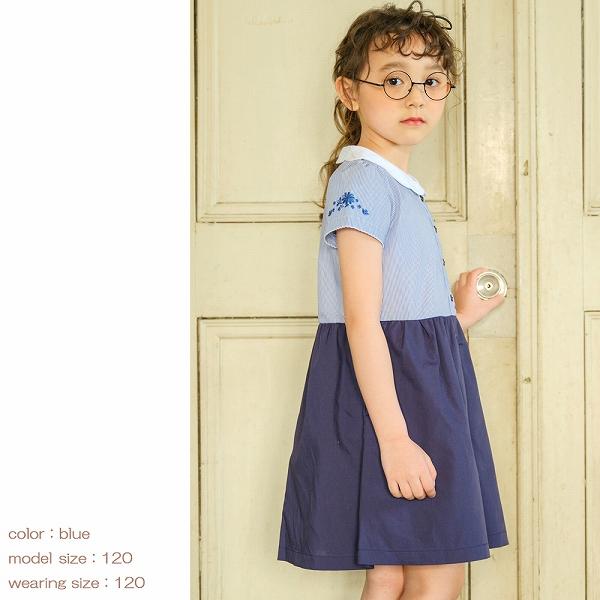 むーのんのん 子供服 女の子 ワンピース ドッキングワンピース キッズ ジュニア 半袖 ストライプ スカラップ 襟 ボタン リボン ブルー moononnon 夏服の画像