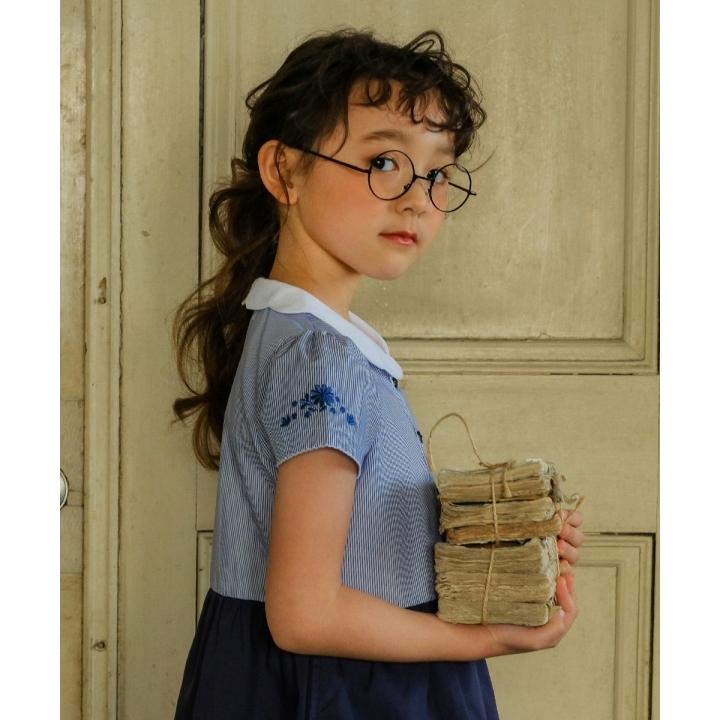 むーのんのん 子供服 女の子 ワンピース ドッキングワンピース キッズ ジュニア 半袖 ストライプ スカラップ 襟 ボタン リボン ブルー moononnon 夏服の画像