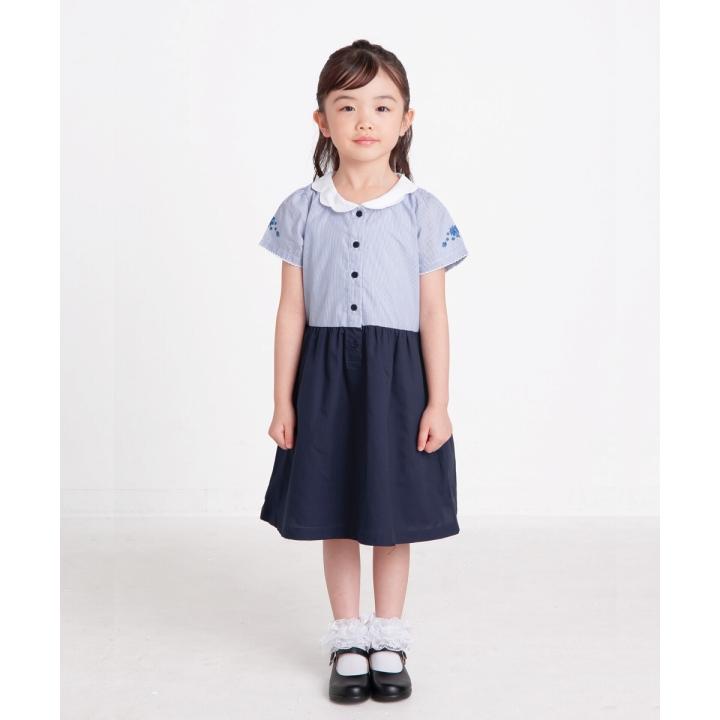 むーのんのん 子供服 女の子 ワンピース ドッキングワンピース キッズ ジュニア 半袖 ストライプ スカラップ 襟 ボタン リボン ブルー moononnon 夏服の画像