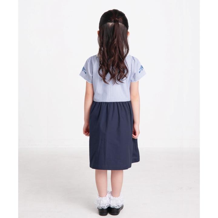 むーのんのん 子供服 女の子 ワンピース ドッキングワンピース キッズ ジュニア 半袖 ストライプ スカラップ 襟 ボタン リボン ブルー moononnon 夏服の画像