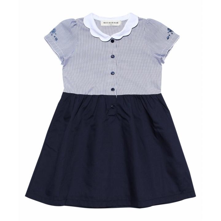 むーのんのん 子供服 女の子 ワンピース ドッキングワンピース キッズ ジュニア 半袖 ストライプ スカラップ 襟 ボタン リボン ブルー moononnon 夏服の画像