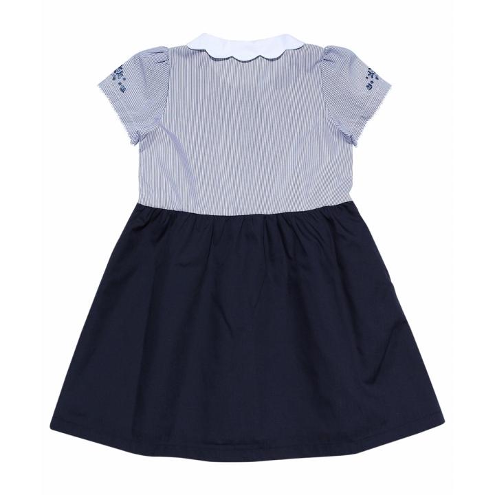 むーのんのん 子供服 女の子 ワンピース ドッキングワンピース キッズ ジュニア 半袖 ストライプ スカラップ 襟 ボタン リボン ブルー moononnon 夏服の画像