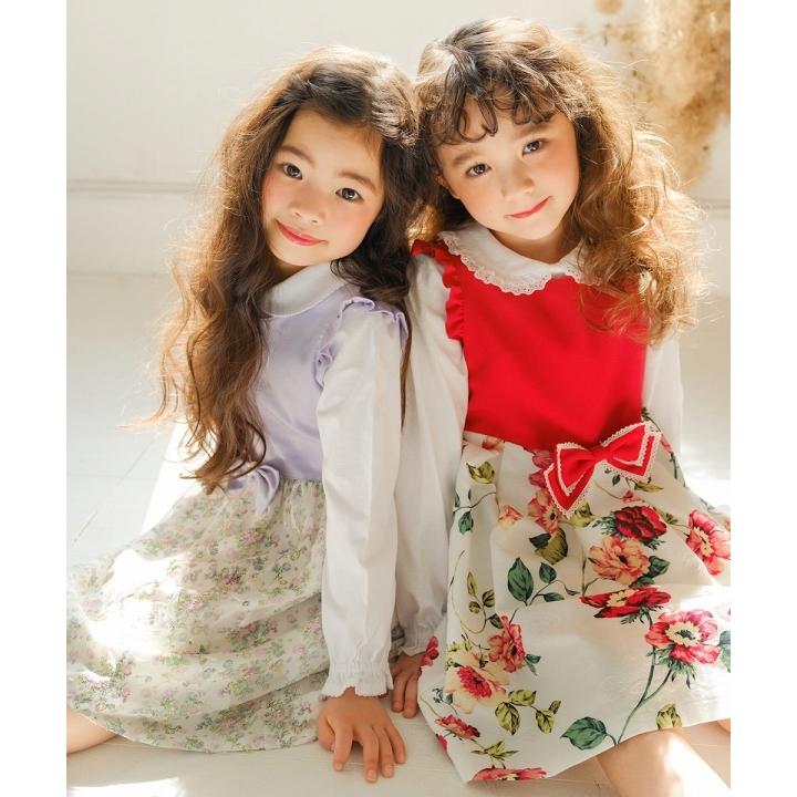 MOONONNON 子供服 女の子 ワンピース 日本製 花柄切り替えフリルつき