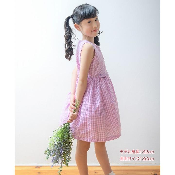 子供服 女の子 ワンピース ノースリーブ 普段着 通学着 お出かけ着 サッカー生地チェック柄リボン付き前開きギャザー アイアムマリリン Iammarilyn Moononnon 通販 Yahoo ショッピング
