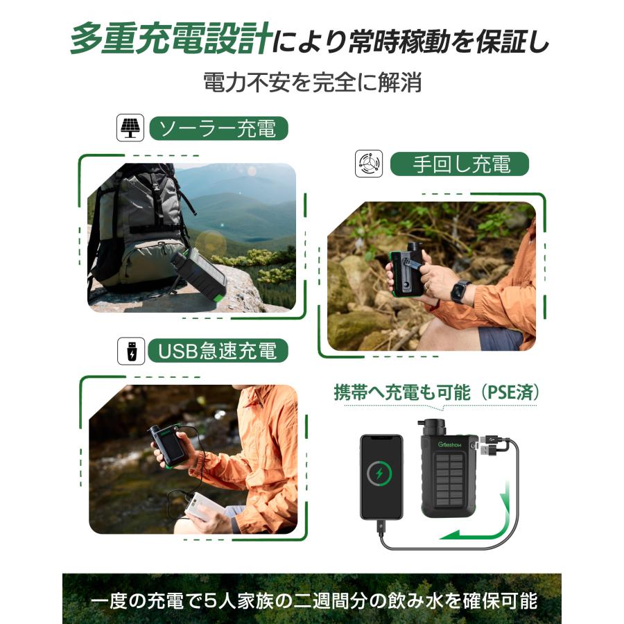 3WAY充電』 Greeshow 携帯浄水器 防災 電動浄水器 ソーラー 手回し充電 