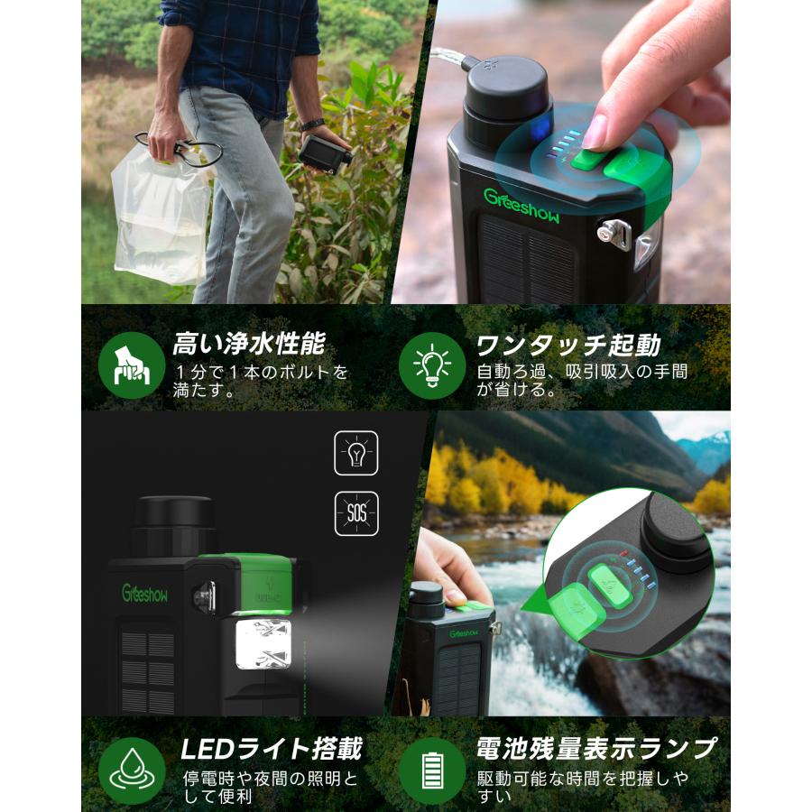 3WAY充電』 Greeshow 携帯浄水器 防災 電動浄水器 ソーラー 手回し充電 