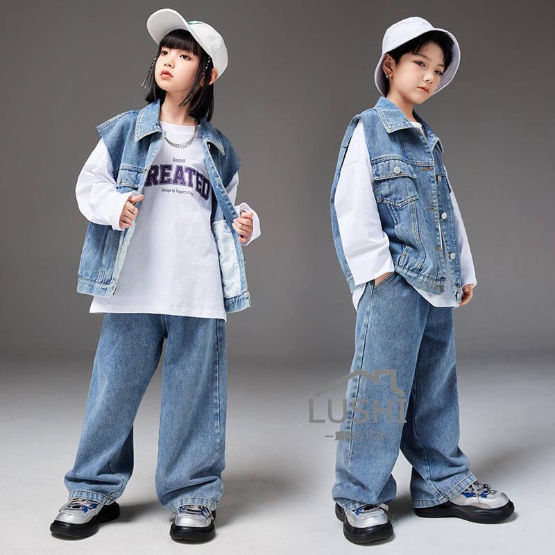 デニム 上下 ダンス 衣装 キッズ セットアップ デニム  デニムベスト ジーンズ 子供服 ストリート デニムパンツ ガールズ  男の子 女の子｜moorebear｜06