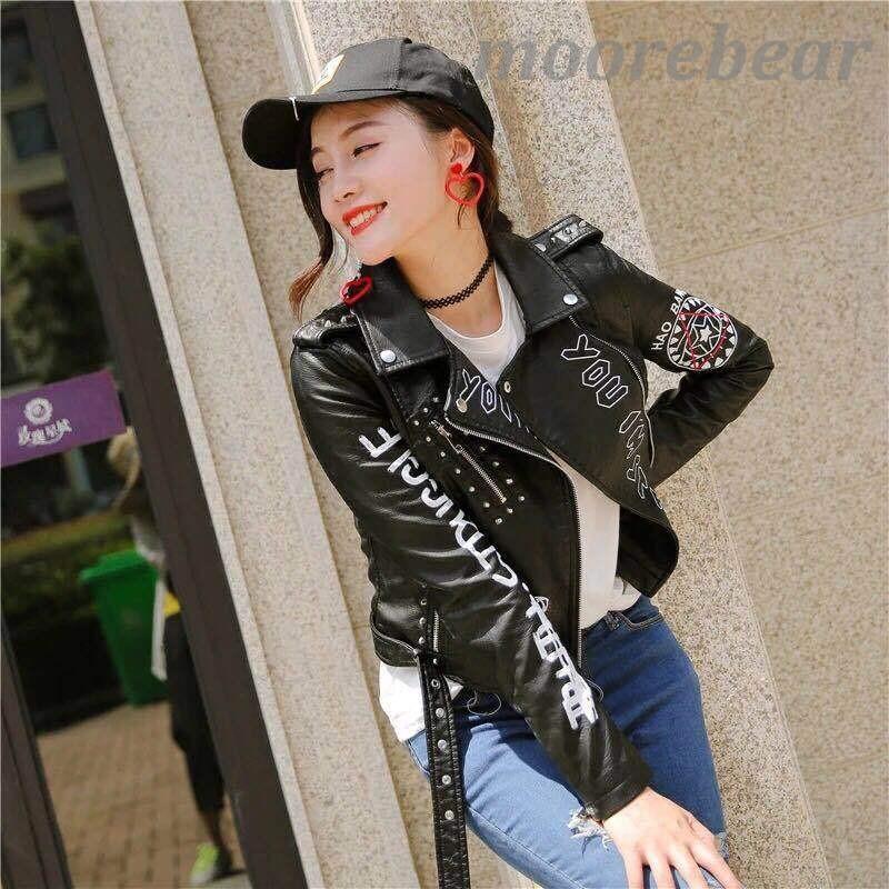 プリント リベット ライダース ロック パンク ファッション 秋冬レザー 