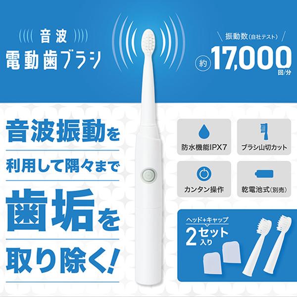 電動歯ブラシ 音波 振動 防水 17000回転/分 電池 替えブラシ2本