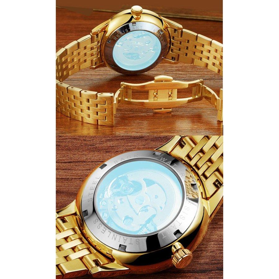 送料無料 自動巻き メンズ 腕時計 精巧な龍モチーフ ゴールド 生活防水