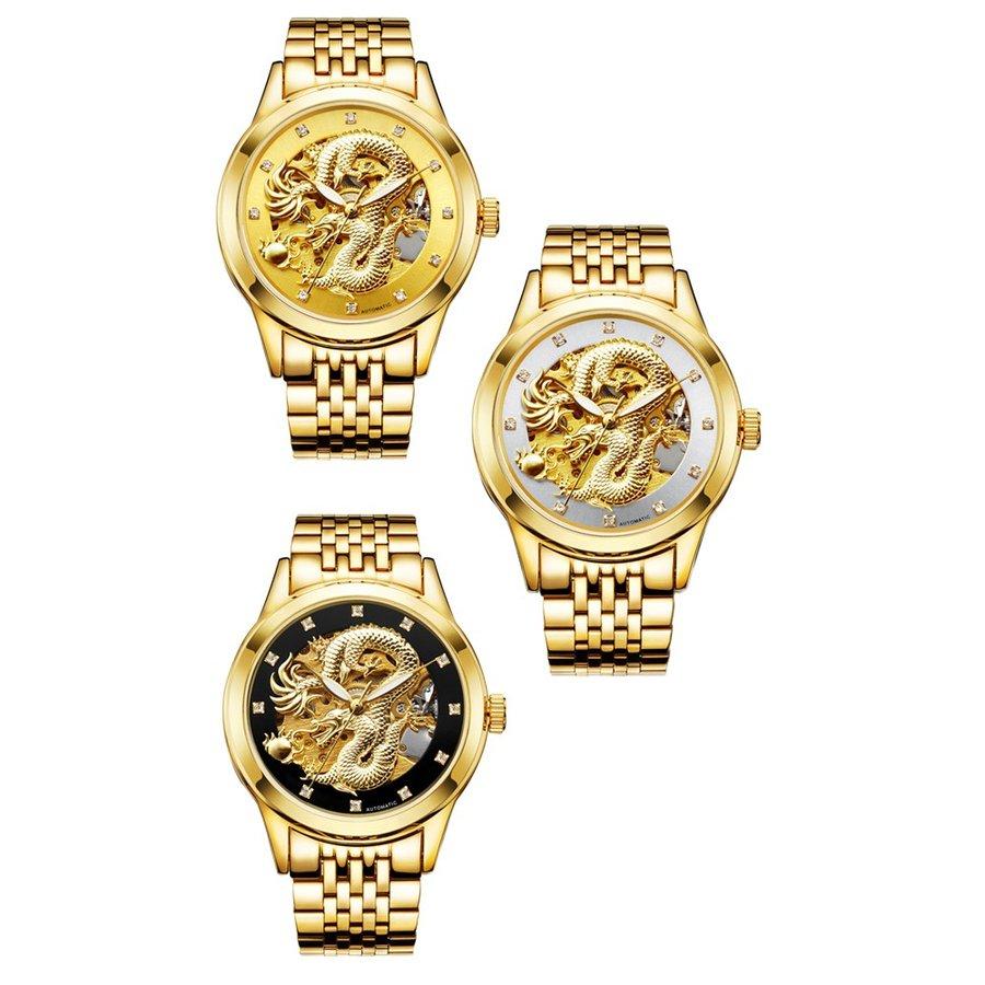送料無料 自動巻き メンズ 腕時計 精巧な龍モチーフ ゴールド 生活防水
