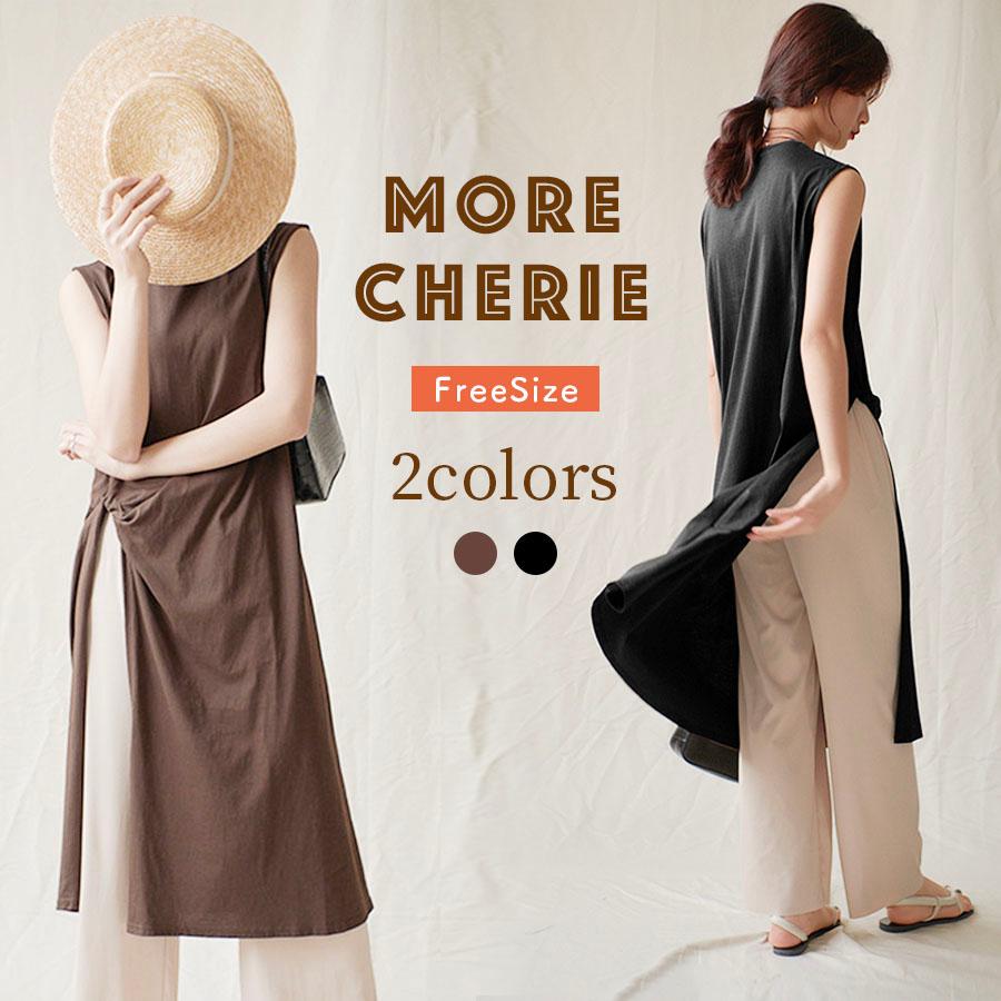 サイドスリット ワンピース 綿 スリットカット ロングシャツ コットン ブラウン ノースリーブ おしゃれ 30代40代 体型カバー 夏セール Mcvama173 More Cherie 通販 Yahoo ショッピング