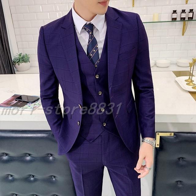 チェック柄 ネイビー 3点セット 紺色 ビジネススーツ 大きいサイズ  