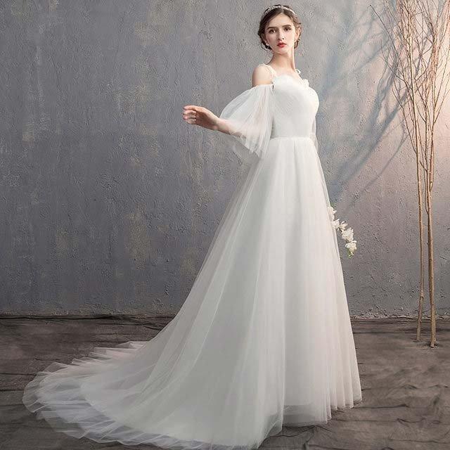 ウェディングドレス Aライン 結婚式ドレス マキシ丈 白 オフショルター 編み上げ 大きいサイズ 花嫁ドレス 二次会/忘年会/披露宴 パーティードレス