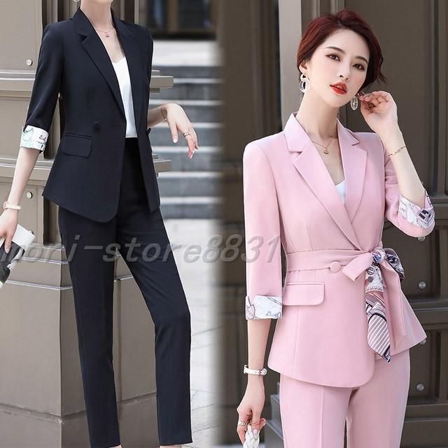 ブラック スーツ 7分袖 パンツスーツ ブルー 2点セット 夏 ピンク