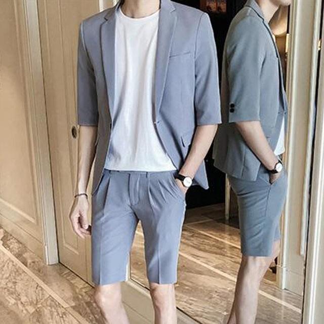 夏用 一つボタン 3点セットアップ メンズスーツ 半袖ジャケット 短パンツ 黒ネクタイ ビジネス カジュアル フォーマル スリム 上下セット 細身 紳士服 割引クーポン