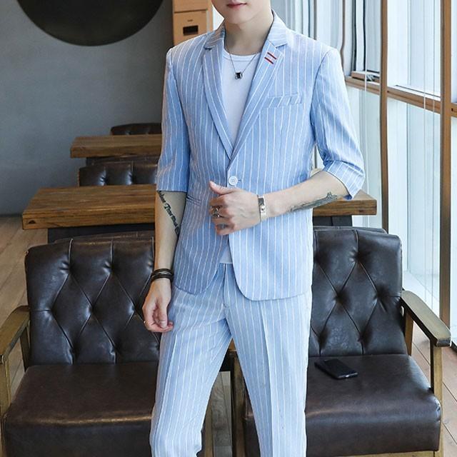 ストライプ 半袖ジャケット Tシャツ パンツ 3点セット夏 メンズファッション メンズ ビジネススーツ スーツ フォーマル Ol 通勤 スーツセット 代30代40代 11周年記念イベントが