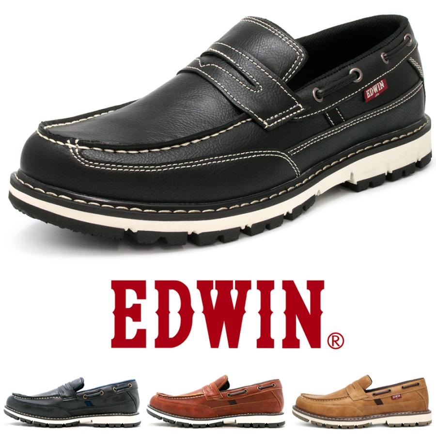 EDWIN（エドウィン） 防水 ローファー メンズ カジュアルシューズ 紐
