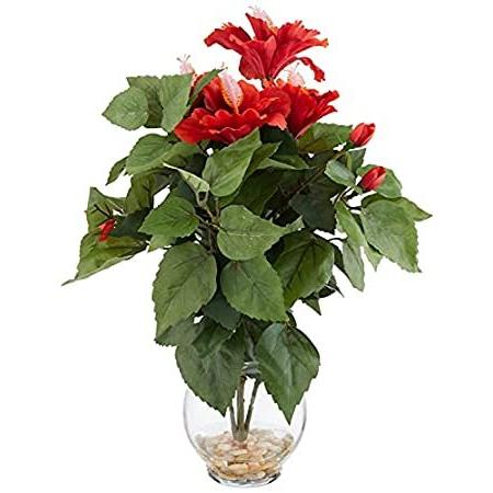 ほぼ天然 1279 ハイビスカス 溝付き花瓶 シルクフラワーアレンジメント オレンジ＿並行輸入品