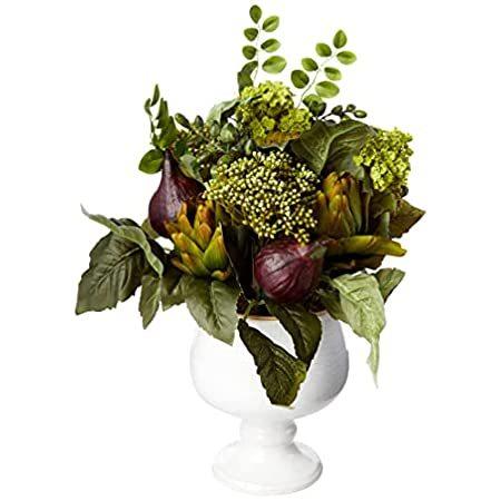 Nearly Natural 4759 アーティチョークとアジサイ シルクフラワーアレンジメント グリーン/ホワイト＿並行輸入品