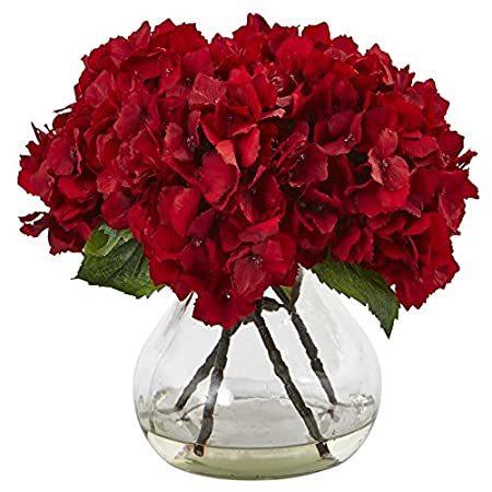Nearly Natural 1441 高さ8.5インチ レッドアジサイシルクフラワーアレンジメント ガラス花瓶付き＿並行輸入品