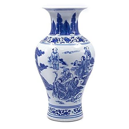 Dahlia 古代の幸運の蓮のモチーフ ブルーとホワイト 磁器フラワー花瓶 ブルー＿並行輸入品