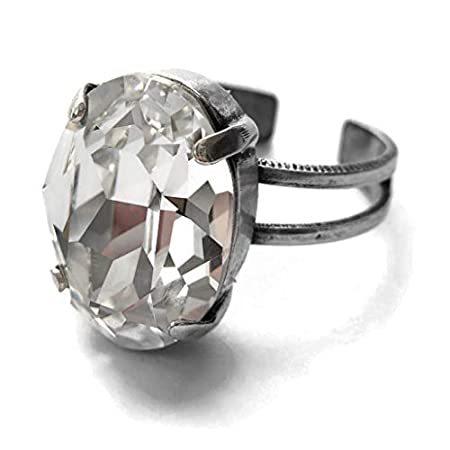 Sparkly Oval Clear Crystal Ring with Antiqued Silver Adjustable Band＿並行輸入品