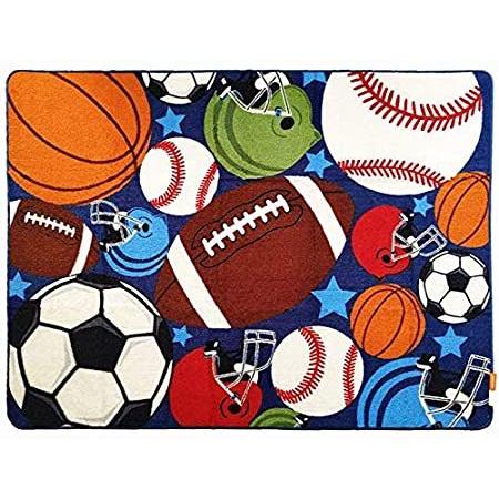 HUAHOO ブルー キッズ ラグ しいスポーツラグ ナイロンカーペット 男の子 女の子 子供用 ラグボールプリント サッカーボール バスケットボー＿並行輸入品
