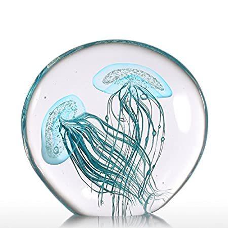 Tooarts Blue Jellyfish Sculpture Glass Figurine Ornament Handblown Artwork ＿並行輸入品