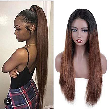 Ombre Human Hair Wigs for Women, Long Straight Lace Frontal Wig for Black W＿並行輸入品