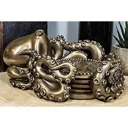 Ebros ブロンズ仕上げ 樹脂製 航海巨大クラーケン タココースターホルダー 置物 ラウンドコースター4枚付き テーブル装飾セット 神話のファンタジ＿並行輸入品
