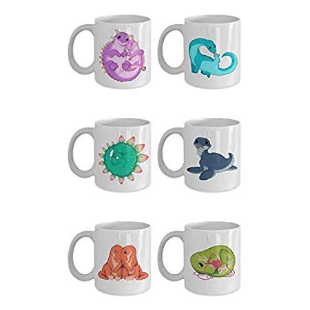 Dino Cats キュート ユニーク 面白い 恐竜 コーヒーマグ ギフトセット 6カップ バージョン2 11oz GB-3294875-20-Whi＿並行輸入品