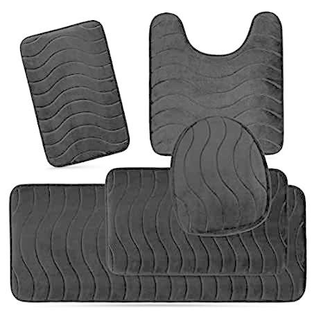 Elvoki 5ピースバスルームラグセット - ソフトな滑り止め低反発大型バスルームラグマット - 豪華さと快適さの完璧な組み合わせ - ブラック/シ＿並行輸入品