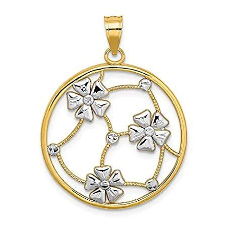 14k Gold Round Frame with White Flowers and Beaded Connectors Charm Pendant＿並行輸入品