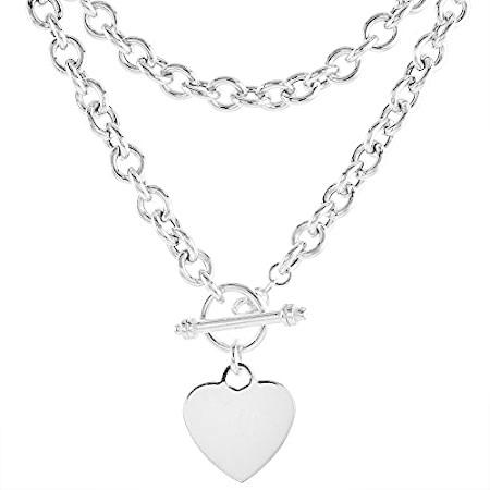 Large Hollow 7.5mm Oval Link Sterling Silver Heart Tag Necklace for Women T＿並行輸入品